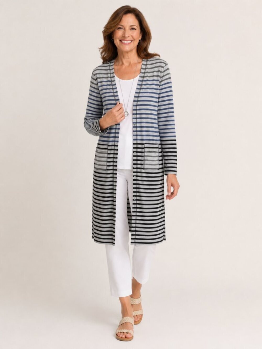 Chico's Zynergy Gray Blue Striped Radley Duster Long Cardigan Sz 1